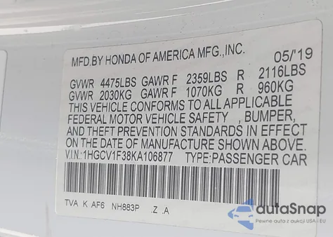 2019 Honda Accord Sport from USA, damaged, VIN 1HGCV1F38KA106877